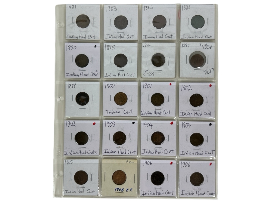 Sheet With 20 Indian Head Pennies In Holders From 1881 To 1906  [Photo 1]