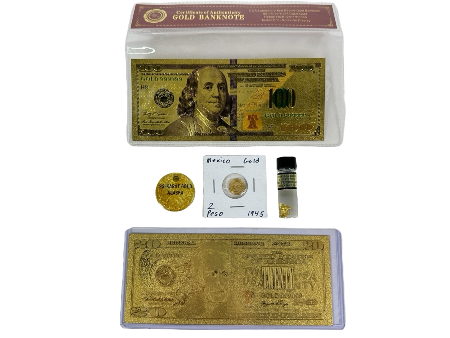 Gold Starter Kit: Mexican Gold Coin, Alaskan Gold, Knotts Berry Farm Gold, Gold Banknote  [Photo 1]