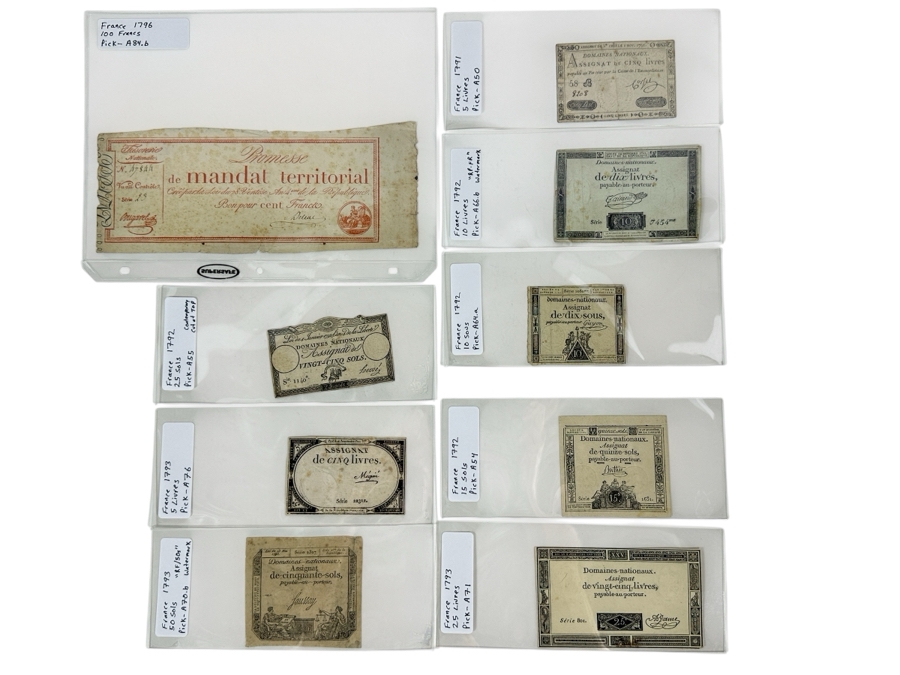 1791 To 1796 Currency Collection From France 9 Genuine Notes [Photo 1]