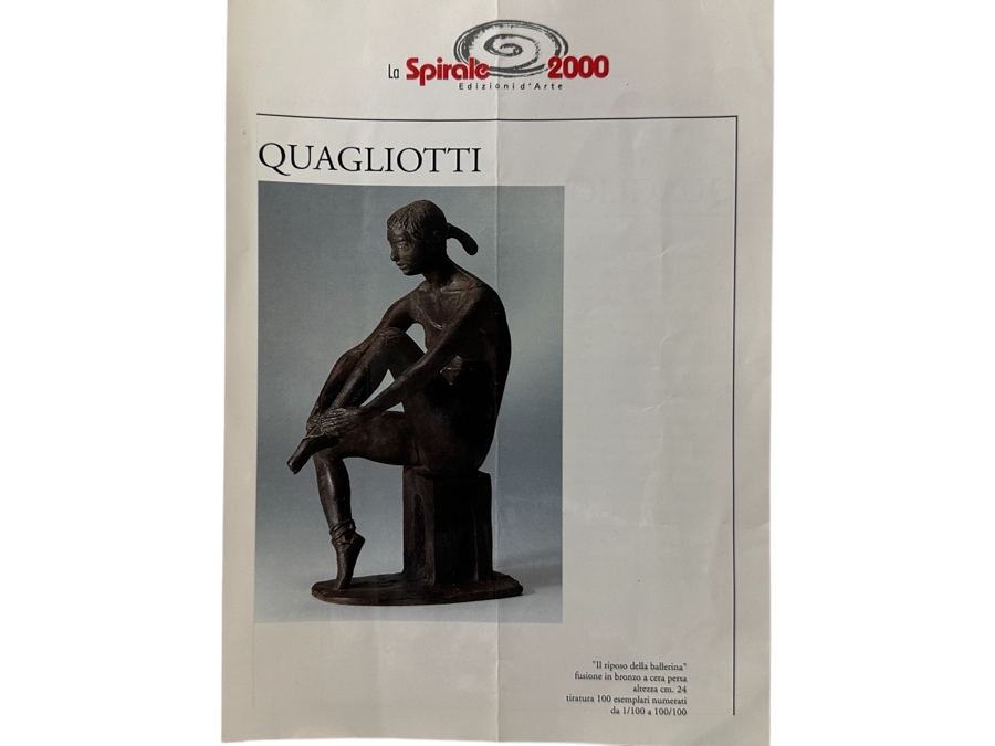 Quagliotti (Italian) Bronze Ballerina Sculpture Signed And Titled 'Il Riposo Della Ballerina' (The Ballerina's Rest) Numbered 94 Of 100 With La Spirale 2000 Gallery Brochure 6W X 4D X 9.5H [Photo 23]
