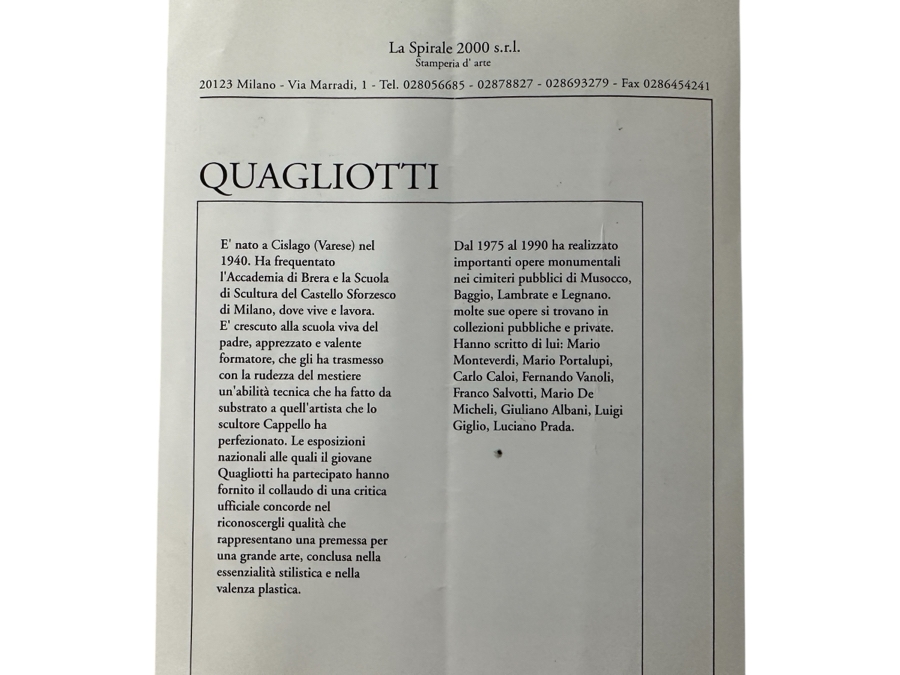 Quagliotti (Italian) Bronze Ballerina Sculpture Signed And Titled 'Il Riposo Della Ballerina' (The Ballerina's Rest) Numbered 94 Of 100 With La Spirale 2000 Gallery Brochure 6W X 4D X 9.5H [Photo 24]