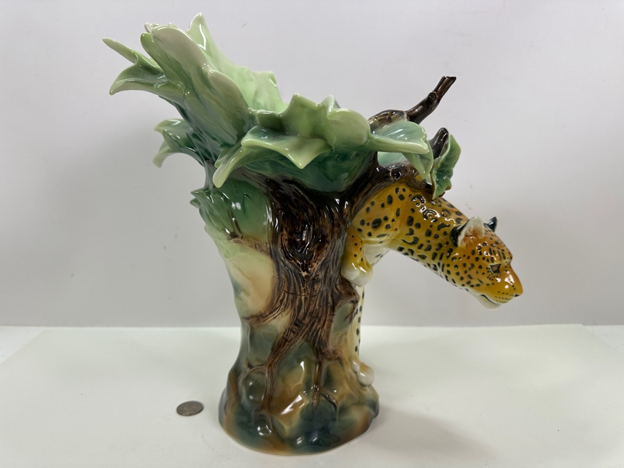 Franz Collection Jungle Beauties Safari Leopard Porcelain Vase (Top Of One Of The Tree Branches Has Been Repaired - See Photos) 14H Retails $1,180 [Photo 9]