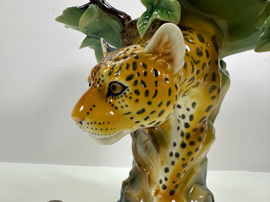 Franz Collection Jungle Beauties Safari Leopard Porcelain Vase (Top Of One Of The Tree Branches Has Been Repaired - See Photos) 14H Retails $1,180 [Photo 7]