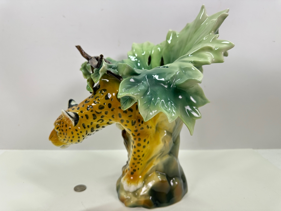 Franz Collection Jungle Beauties Safari Leopard Porcelain Vase (Top Of One Of The Tree Branches Has Been Repaired - See Photos) 14H Retails $1,180 [Photo 6]