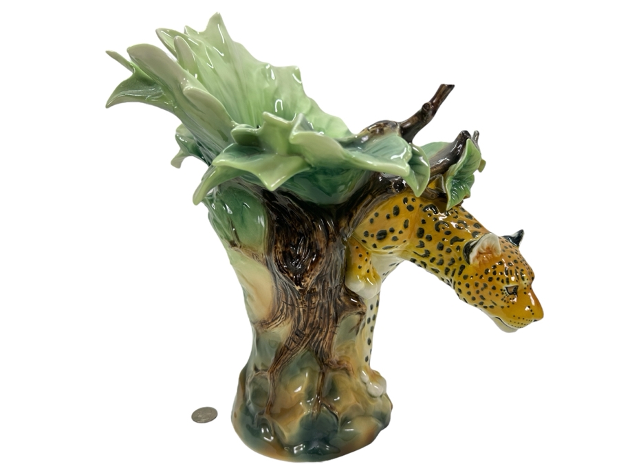 Franz Collection Jungle Beauties Safari Leopard Porcelain Vase (Top Of One Of The Tree Branches Has Been Repaired - See Photos) 14H Retails $1,180 [Photo 2]