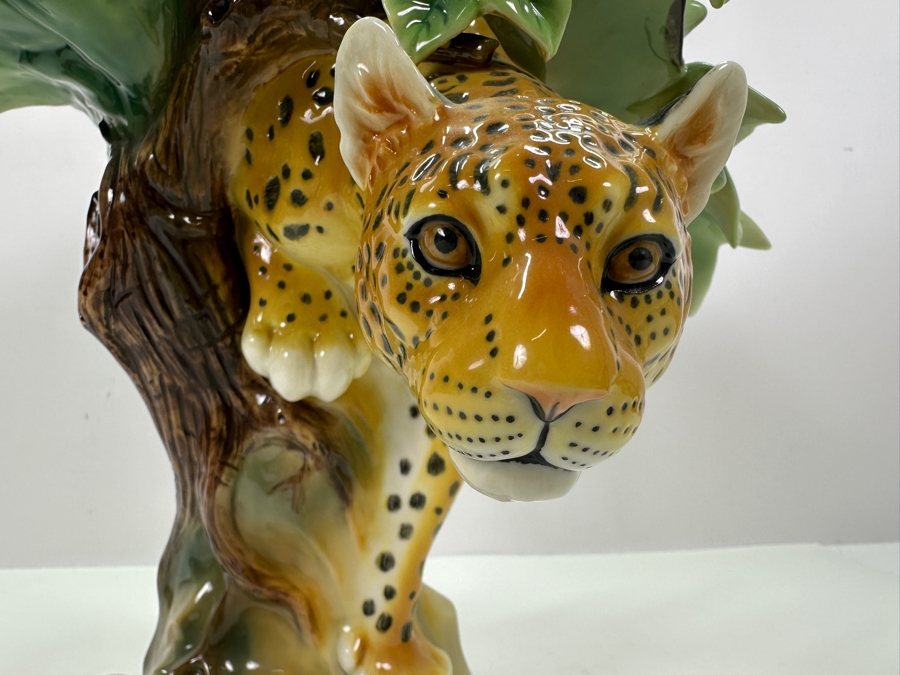 Franz Collection Jungle Beauties Safari Leopard Porcelain Vase (Top Of One Of The Tree Branches Has Been Repaired - See Photos) 14H Retails $1,180 [Photo 8]