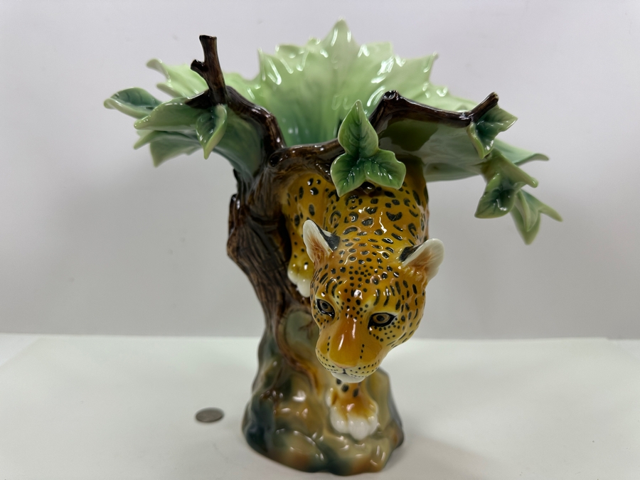Franz Collection Jungle Beauties Safari Leopard Porcelain Vase (Top Of One Of The Tree Branches Has Been Repaired - See Photos) 14H Retails $1,180 [Photo 5]