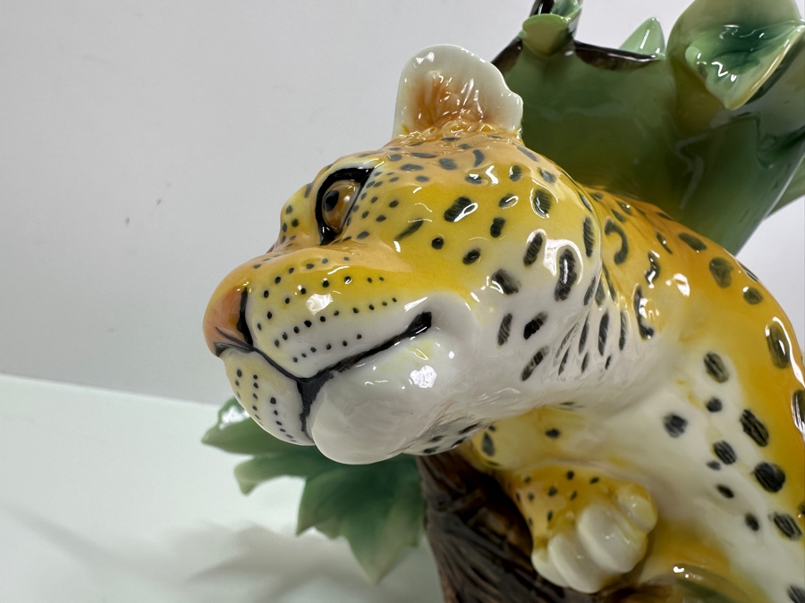 Franz Collection Jungle Beauties Safari Leopard Porcelain Vase (Top Of One Of The Tree Branches Has Been Repaired - See Photos) 14H Retails $1,180 [Photo 15]