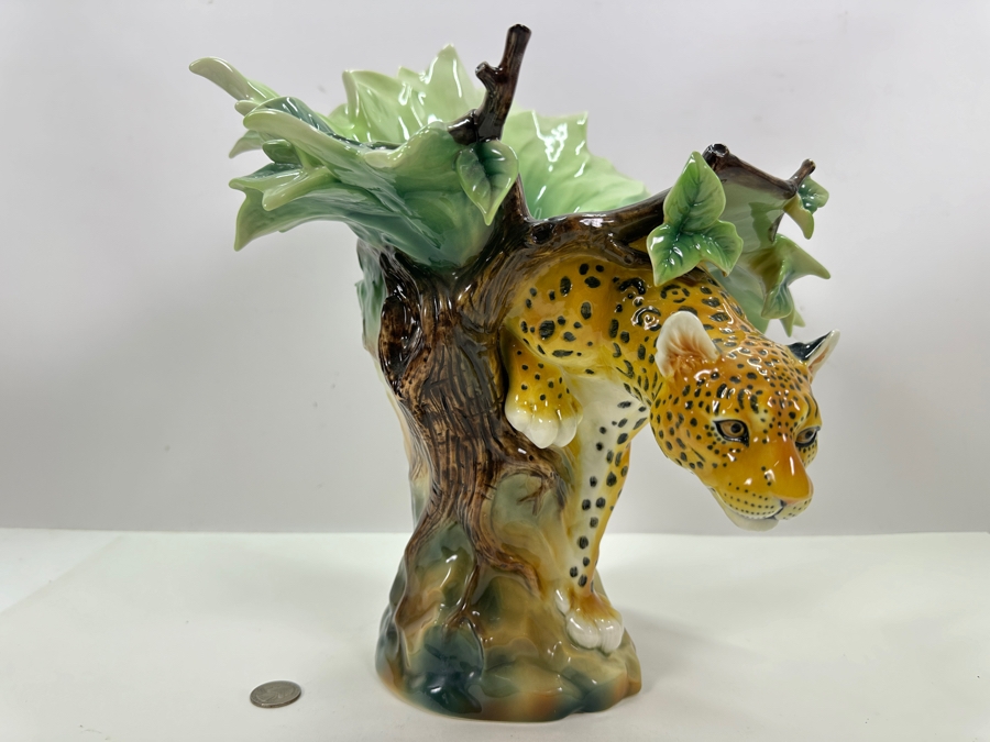 Franz Collection Jungle Beauties Safari Leopard Porcelain Vase (Top Of One Of The Tree Branches Has Been Repaired - See Photos) 14H Retails $1,180 [Photo 3]