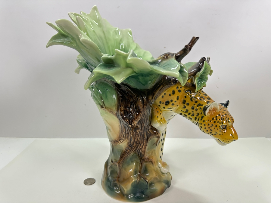 Franz Collection Jungle Beauties Safari Leopard Porcelain Vase (Top Of One Of The Tree Branches Has Been Repaired - See Photos) 14H Retails $1,180 [Photo 4]