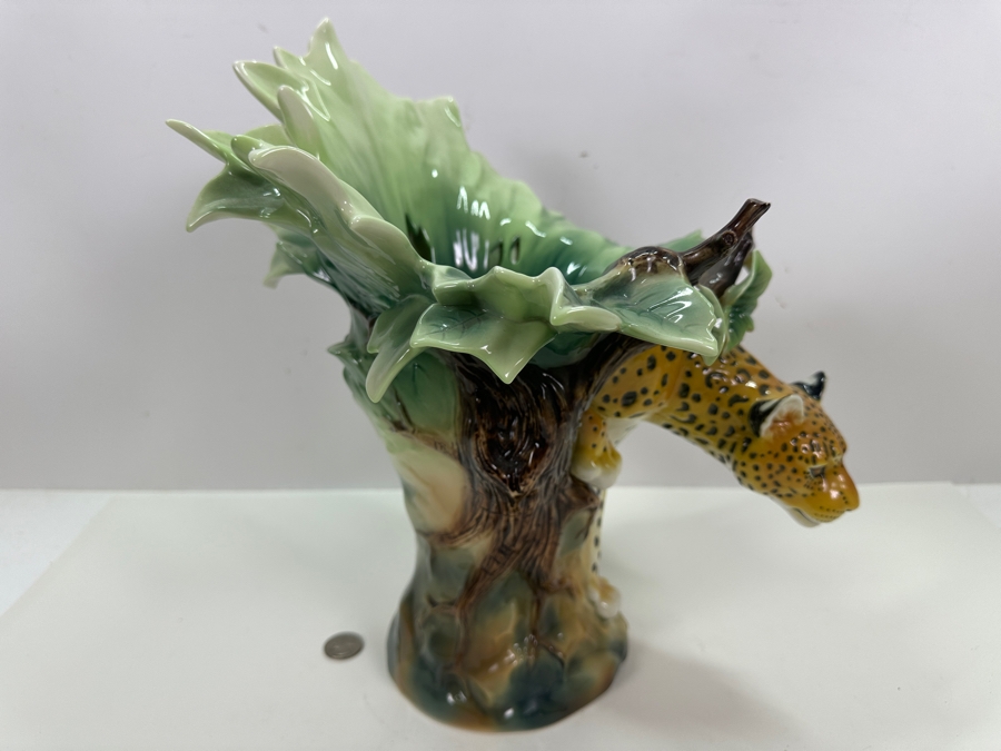 Franz Collection Jungle Beauties Safari Leopard Porcelain Vase (Top Of One Of The Tree Branches Has Been Repaired - See Photos) 14H Retails $1,180 [Photo 10]