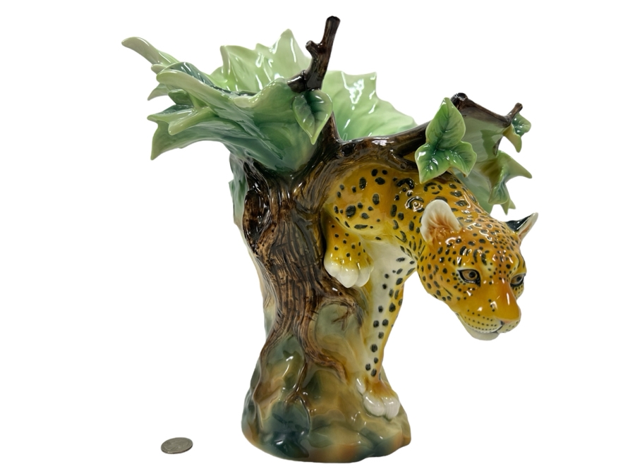 Franz Collection Jungle Beauties Safari Leopard Porcelain Vase (Top Of One Of The Tree Branches Has Been Repaired - See Photos) 14H Retails $1,180 [Photo 1]