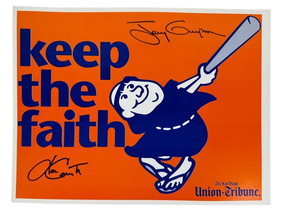 Tony Gwynn & Ken Caminiti Autographed Keep The Faith Padres Sign The San Diego Union Tribune With Jack In The Box Ad On Back 1996 14 X 10 [Photo 1]