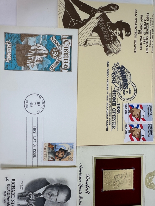 Collection Of First Day Covers Stamps: Clemente, Nolan Ryan 23k Gold, Space Shuttle, Cabrillo, Presidents & Others  [Photo 11]
