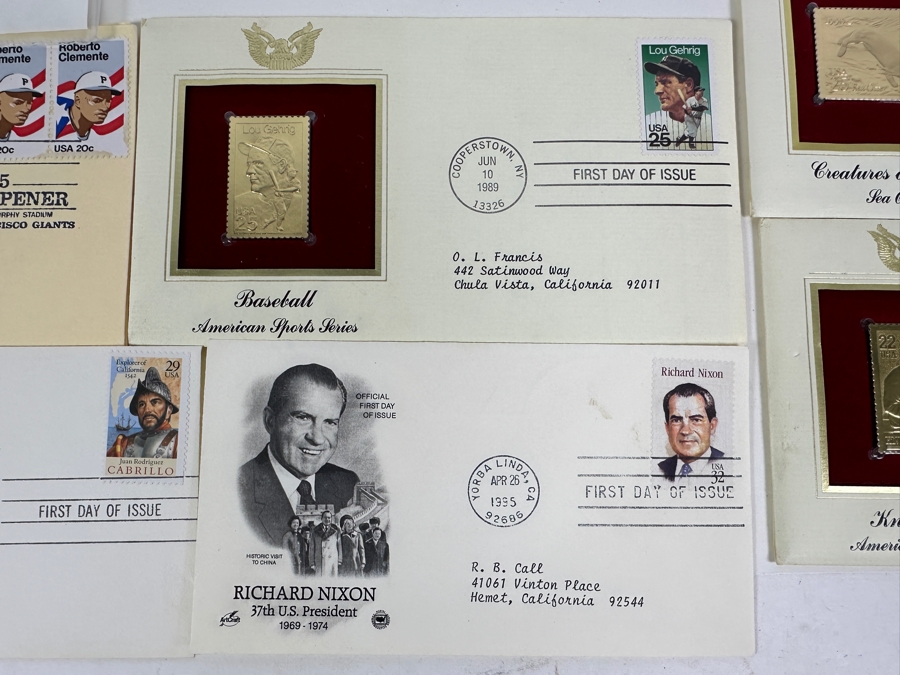 Collection Of First Day Covers Stamps: Clemente, Nolan Ryan 23k Gold, Space Shuttle, Cabrillo, Presidents & Others  [Photo 7]