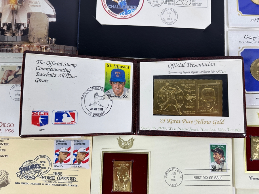 Collection Of First Day Covers Stamps: Clemente, Nolan Ryan 23k Gold, Space Shuttle, Cabrillo, Presidents & Others  [Photo 2]