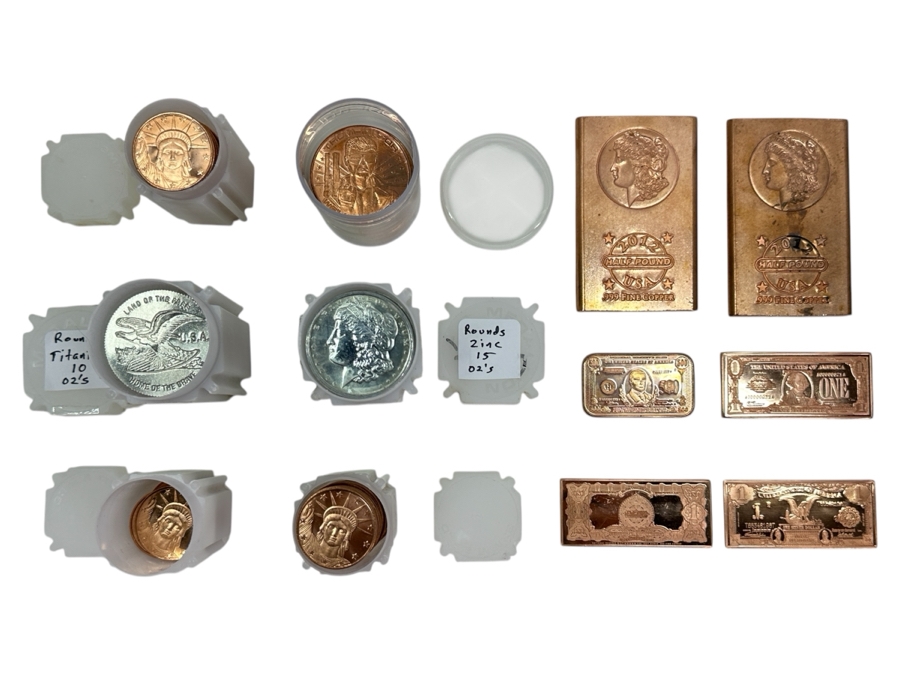 Bullion Lot: 53oz Of Copper Rounds & Bars, 10oz Of Titanium 1oz Rounds, 15oz Of Zinc 1oz Rounds [Photo 1]