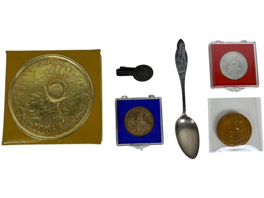 San Diego 200th Anniversary Lot (1769-1969): Sterling Silver Spoon, Sterling Silver Tie Clip & Tokens