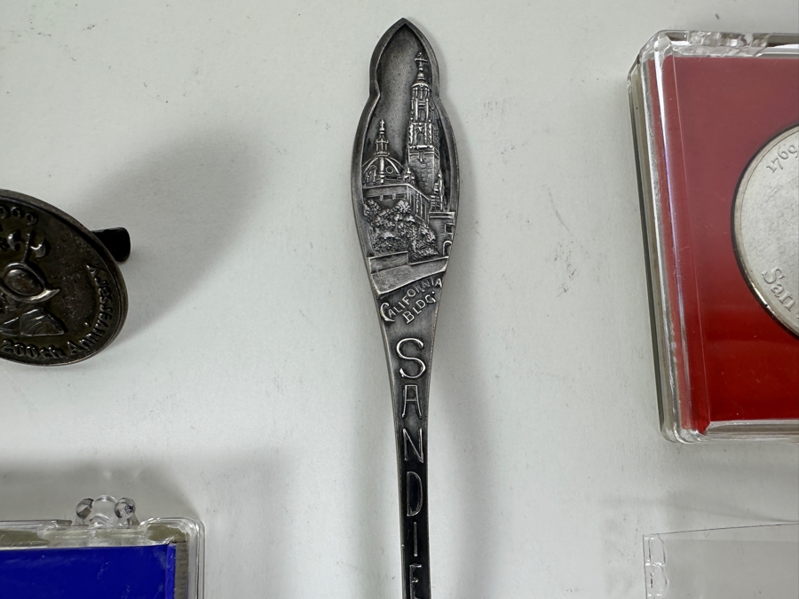 San Diego 200th Anniversary Lot (1769-1969): Sterling Silver Spoon, Sterling Silver Tie Clip & Tokens [Photo 2]
