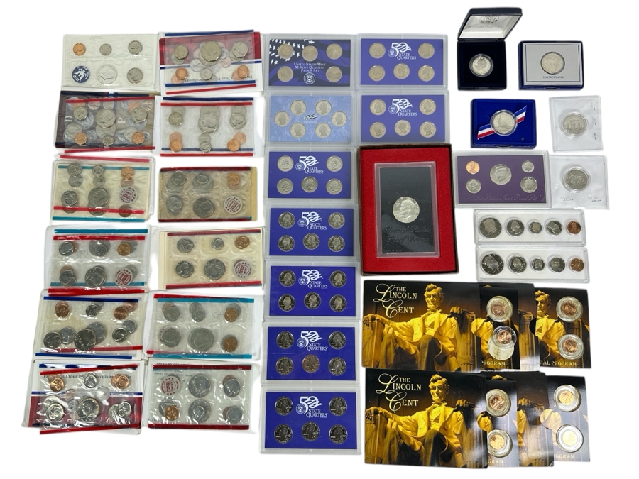 Box Of 34 U.S. Mint Proof Sets, Mint Sets, Commemoratives, Proof Silver Eisenhower Silver Dollar & More [Photo 1]