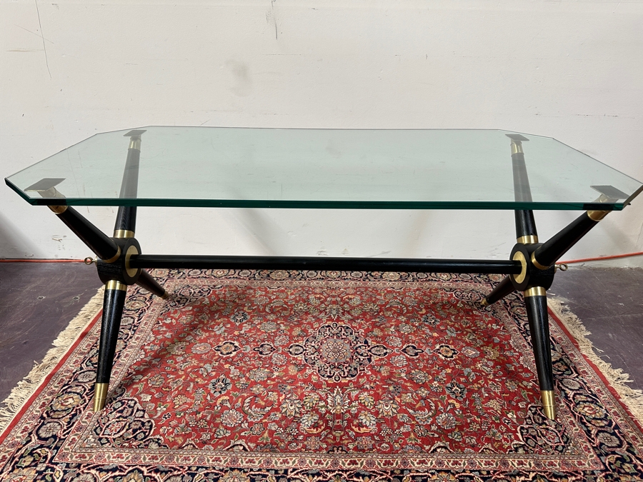 Wood & Brass Glass Top Console Sofa Table 60W X 30D X 26.5H [Photo 2]
