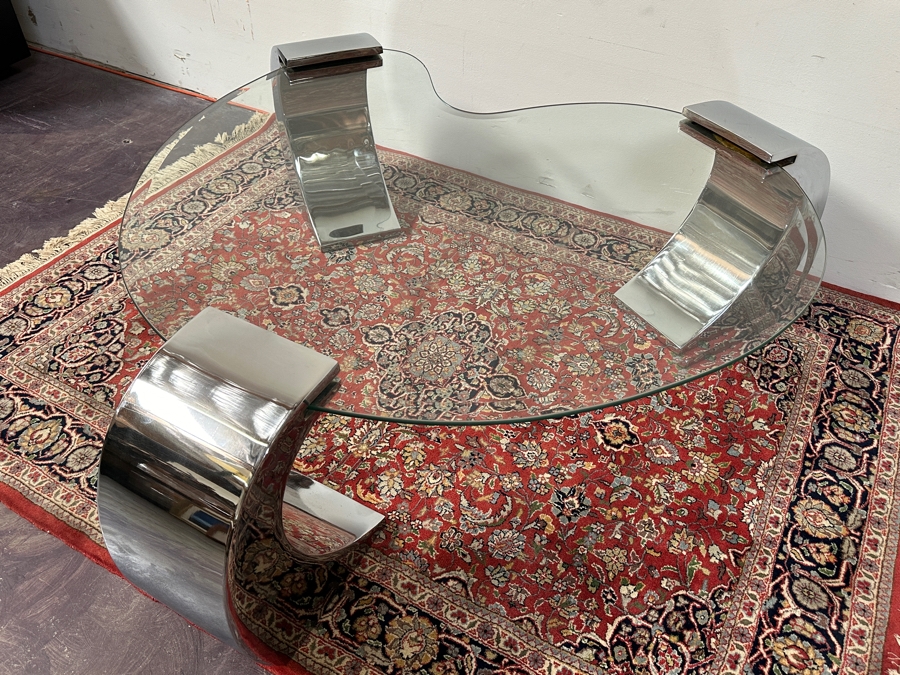 Kidney Shape Coffee Table With Three Chrome Legs After Karl Springer 56W X 52D X 17H [Photo 15]
