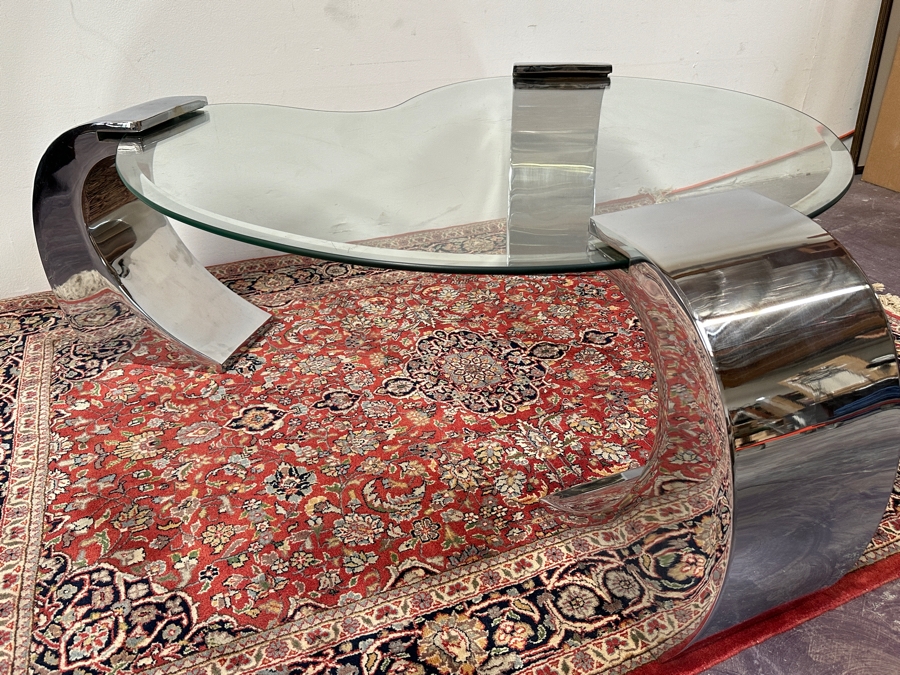 Kidney Shape Coffee Table With Three Chrome Legs After Karl Springer 56W X 52D X 17H [Photo 10]