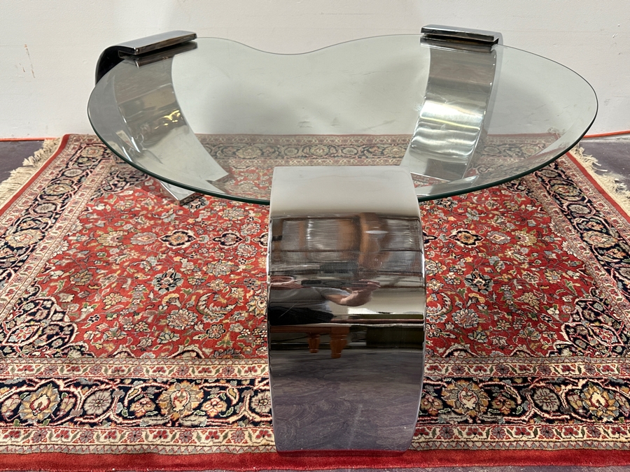 Kidney Shape Coffee Table With Three Chrome Legs After Karl Springer 56W X 52D X 17H [Photo 7]