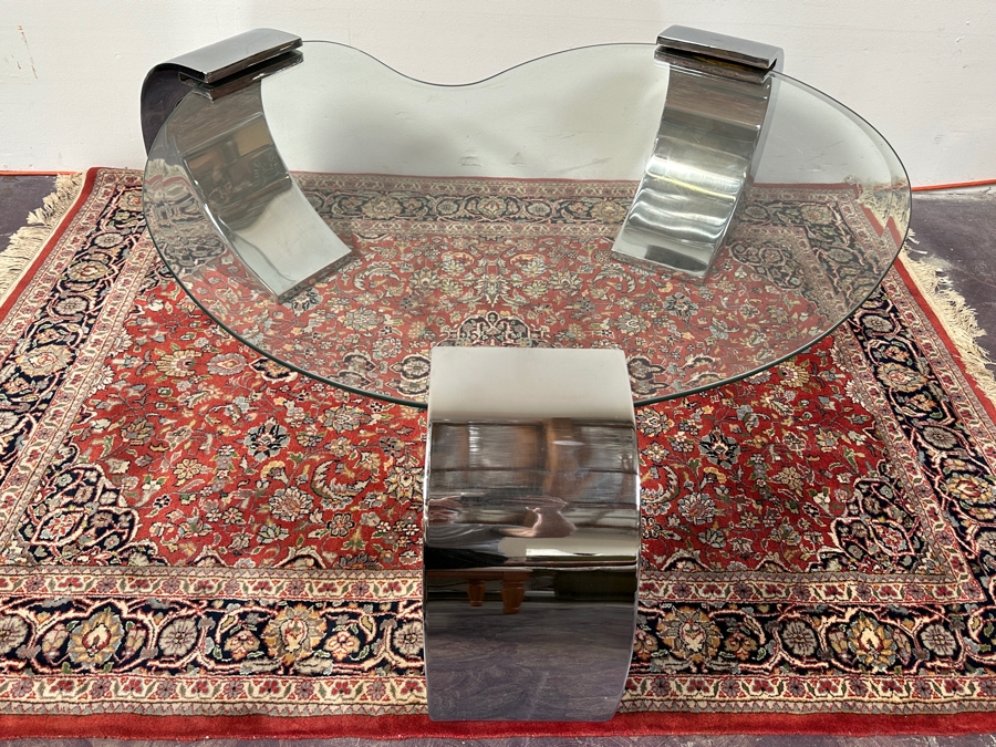 Kidney Shape Coffee Table With Three Chrome Legs After Karl Springer 56W X 52D X 17H [Photo 8]