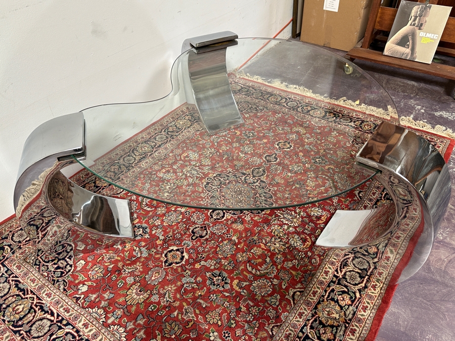 Kidney Shape Coffee Table With Three Chrome Legs After Karl Springer 56W X 52D X 17H [Photo 13]