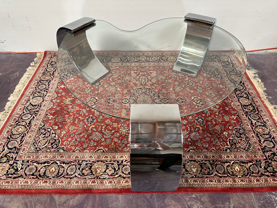 Kidney Shape Coffee Table With Three Chrome Legs After Karl Springer 56W X 52D X 17H