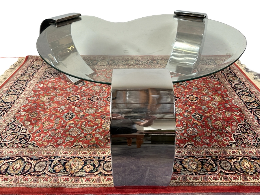 Kidney Shape Coffee Table With Three Chrome Legs After Karl Springer 56W X 52D X 17H [Photo 2]