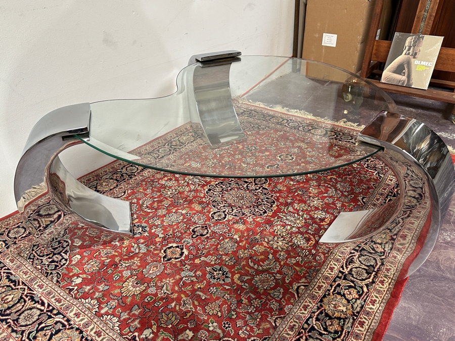 Kidney Shape Coffee Table With Three Chrome Legs After Karl Springer 56W X 52D X 17H [Photo 12]