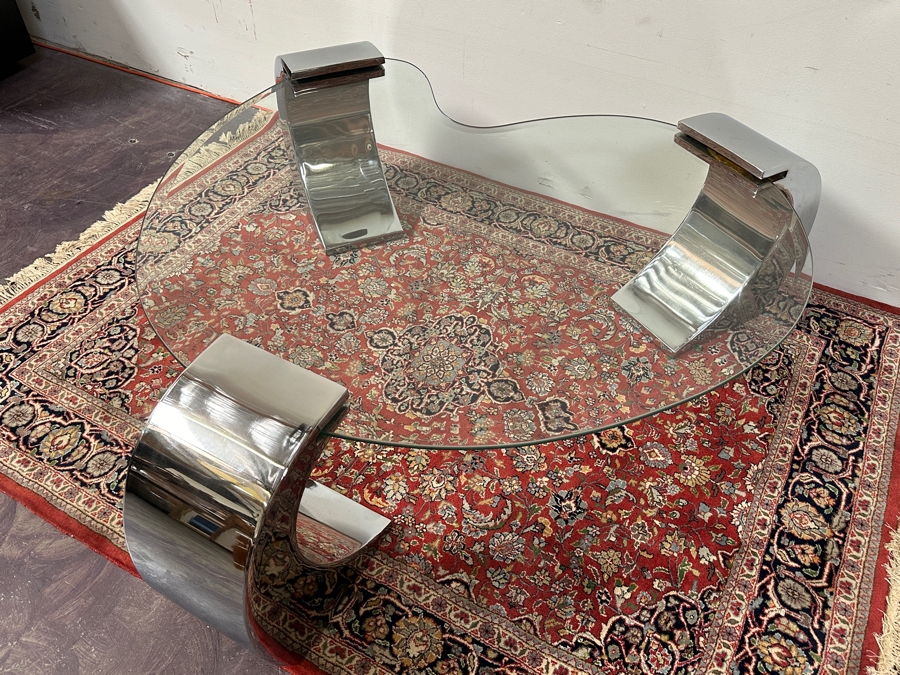 Kidney Shape Coffee Table With Three Chrome Legs After Karl Springer 56W X 52D X 17H [Photo 14]
