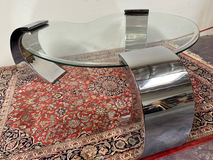 Kidney Shape Coffee Table With Three Chrome Legs After Karl Springer 56W X 52D X 17H [Photo 9]