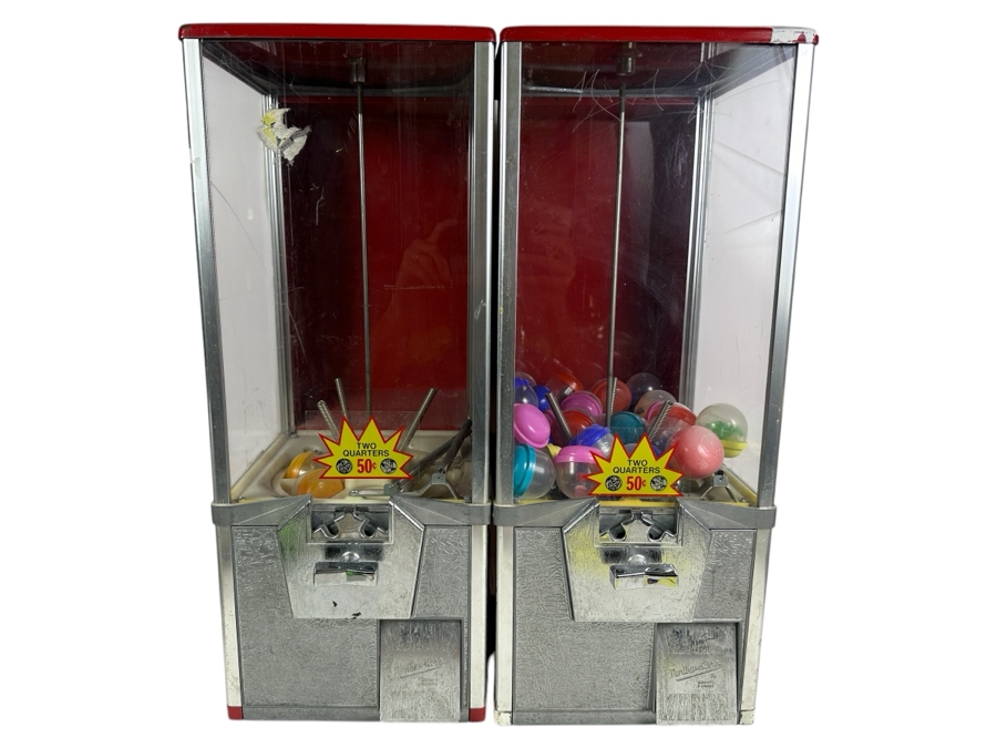 Pair Of Vintage Northwestern Capsule Vendor Toy Vending Machine (Top Locks Have Been Drilled Out - Needs New Locks On Both And New Center Rod On One) 10W X 14D X 25H