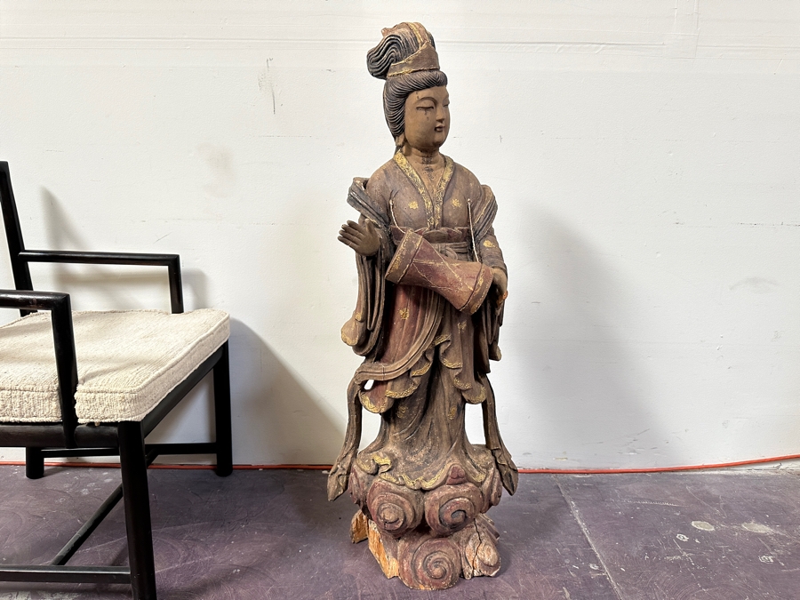 Antique Chinese Carved Wooden Guanyin (Kwan Yin) Chinese Goddess Sculpture Statue (Chair Shown For Size Reference) 14W X 18D X 43H [Photo 22]