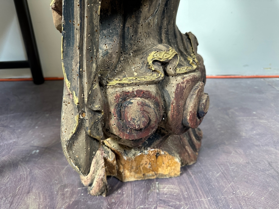 Antique Chinese Carved Wooden Guanyin (Kwan Yin) Chinese Goddess Sculpture Statue (Chair Shown For Size Reference) 14W X 18D X 43H [Photo 21]