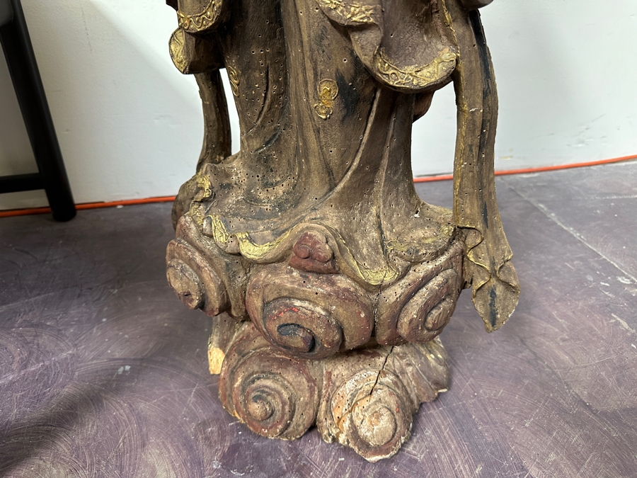 Antique Chinese Carved Wooden Guanyin (Kwan Yin) Chinese Goddess Sculpture Statue (Chair Shown For Size Reference) 14W X 18D X 43H [Photo 12]