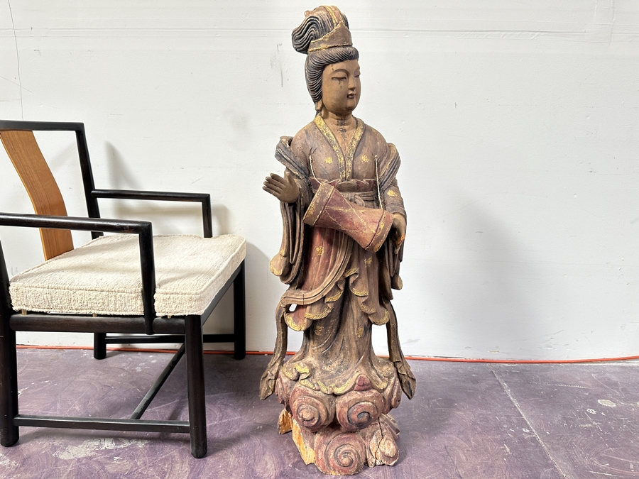 Antique Chinese Carved Wooden Guanyin (Kwan Yin) Chinese Goddess Sculpture Statue (Chair Shown For Size Reference) 14W X 18D X 43H [Photo 4]