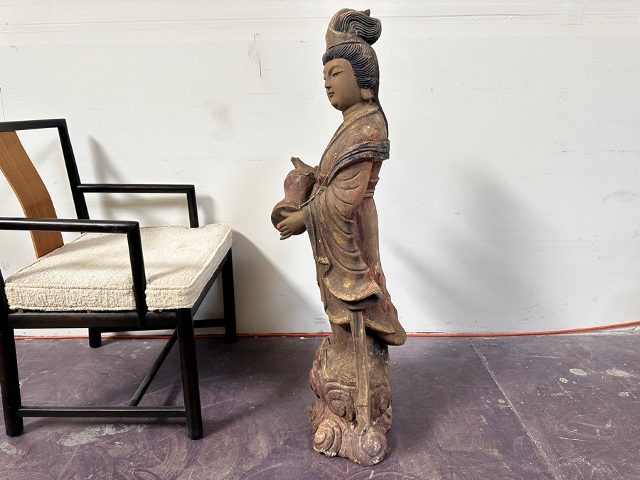 Antique Chinese Carved Wooden Guanyin (Kwan Yin) Chinese Goddess Sculpture Statue (Chair Shown For Size Reference) 14W X 18D X 43H [Photo 13]