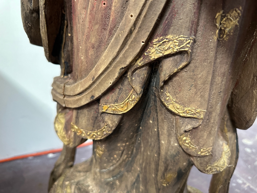Antique Chinese Carved Wooden Guanyin (Kwan Yin) Chinese Goddess Sculpture Statue (Chair Shown For Size Reference) 14W X 18D X 43H [Photo 11]
