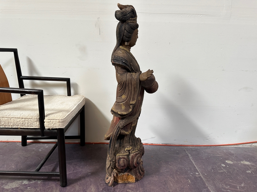 Antique Chinese Carved Wooden Guanyin (Kwan Yin) Chinese Goddess Sculpture Statue (Chair Shown For Size Reference) 14W X 18D X 43H [Photo 19]