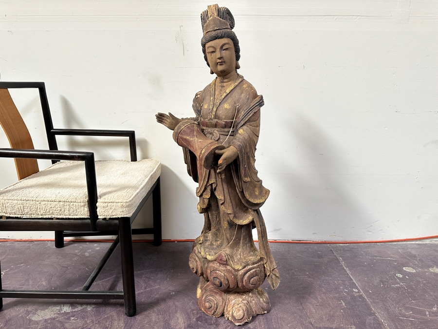 Antique Chinese Carved Wooden Guanyin (Kwan Yin) Chinese Goddess Sculpture Statue (Chair Shown For Size Reference) 14W X 18D X 43H [Photo 5]