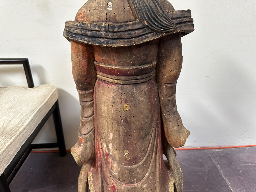 Antique Chinese Carved Wooden Guanyin (Kwan Yin) Chinese Goddess Sculpture Statue (Chair Shown For Size Reference) 14W X 18D X 43H [Photo 17]