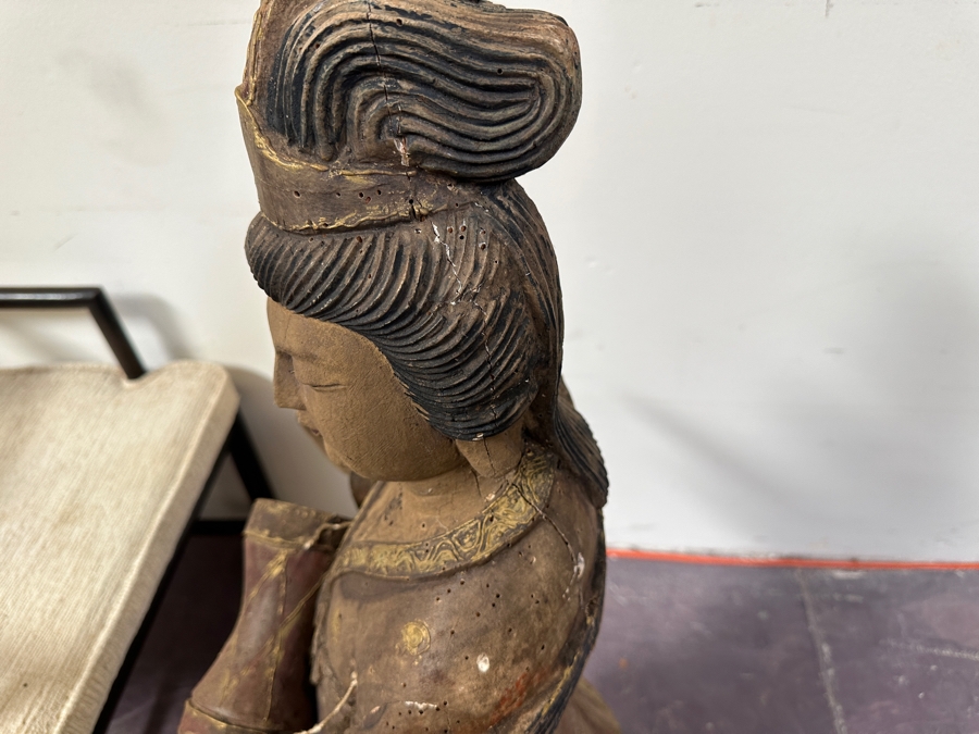 Antique Chinese Carved Wooden Guanyin (Kwan Yin) Chinese Goddess Sculpture Statue (Chair Shown For Size Reference) 14W X 18D X 43H [Photo 14]