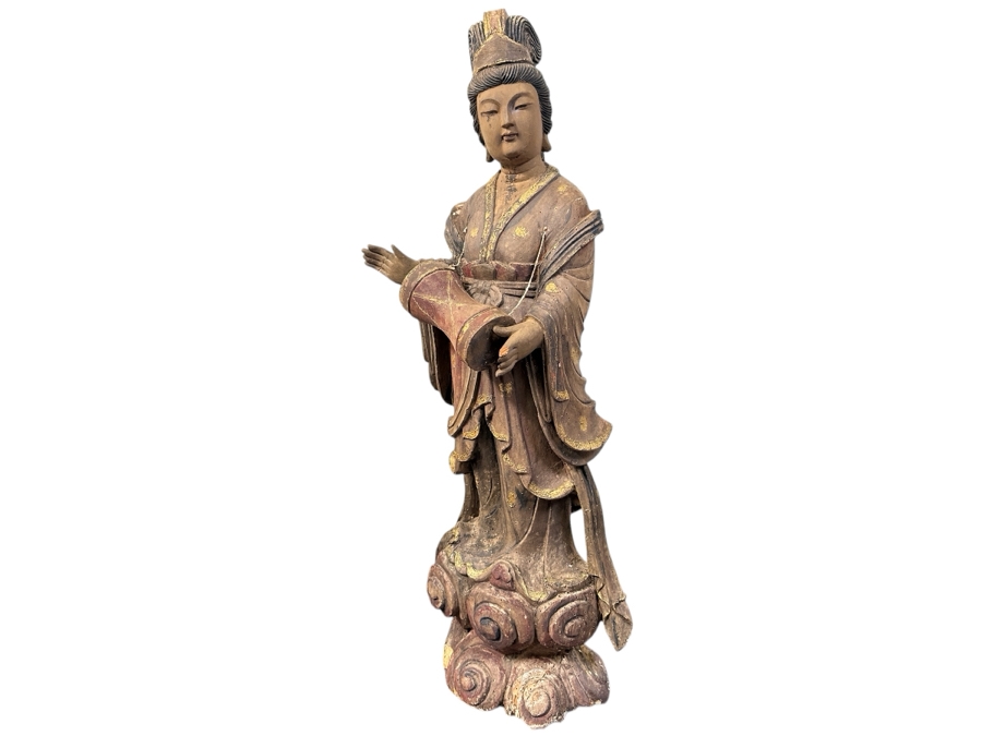 Antique Chinese Carved Wooden Guanyin (Kwan Yin) Chinese Goddess Sculpture Statue (Chair Shown For Size Reference) 14W X 18D X 43H [Photo 2]