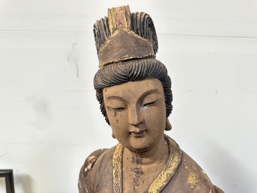 Antique Chinese Carved Wooden Guanyin (Kwan Yin) Chinese Goddess Sculpture Statue (Chair Shown For Size Reference) 14W X 18D X 43H [Photo 6]