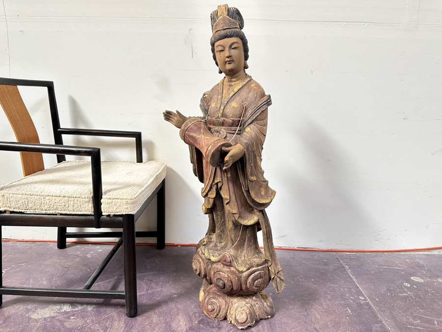 Antique Chinese Carved Wooden Guanyin (Kwan Yin) Chinese Goddess Sculpture Statue (Chair Shown For Size Reference) 14W X 18D X 43H [Photo 3]