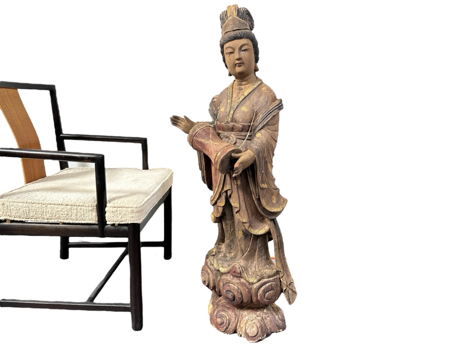 Antique Chinese Carved Wooden Guanyin (Kwan Yin) Chinese Goddess Sculpture Statue (Chair Shown For Size Reference) 14W X 18D X 43H [Photo 1]